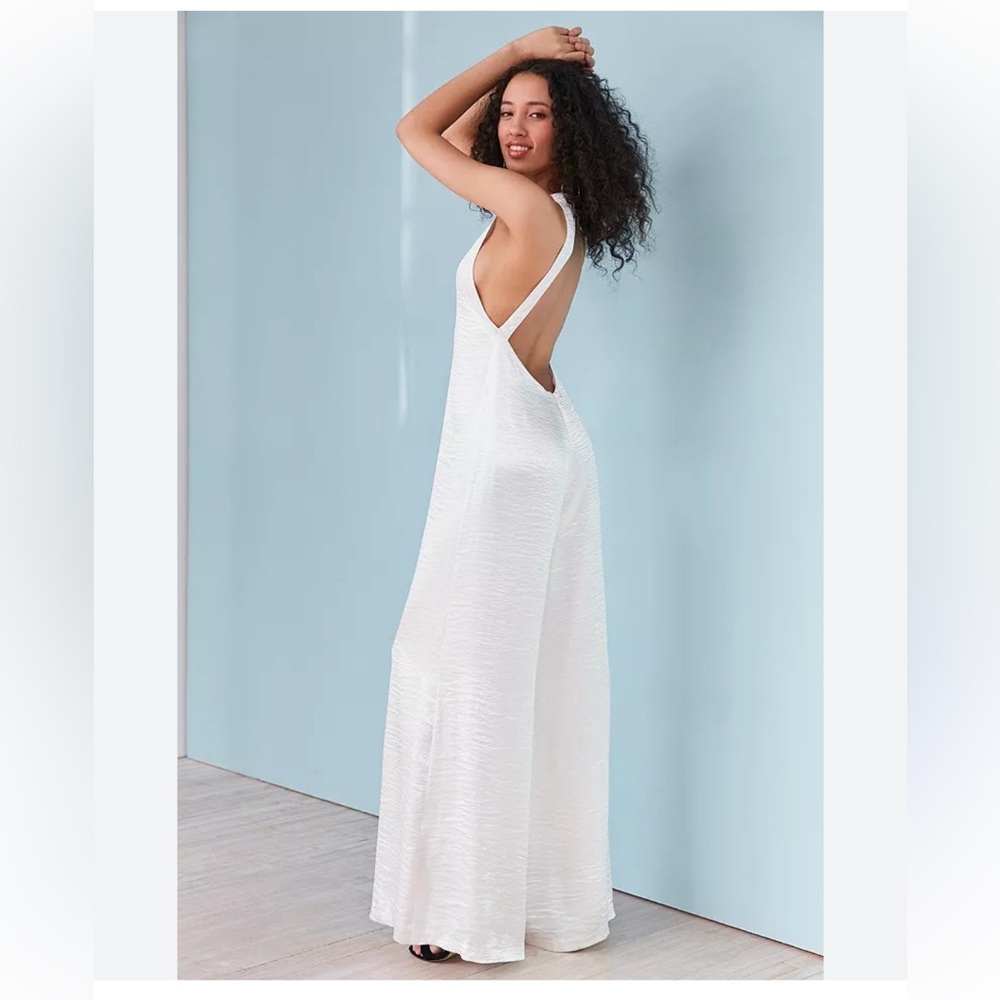Silence + Noise Adella White Satin Wide Leg Open Back Jumpsuit